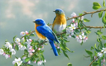 Animal Painting - pájaros azules con flores pájaros
